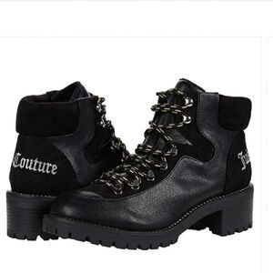 Juicy Couture Indulgence Boot Booties Black Pebbled Faux Leather Lug Sole 7 New
